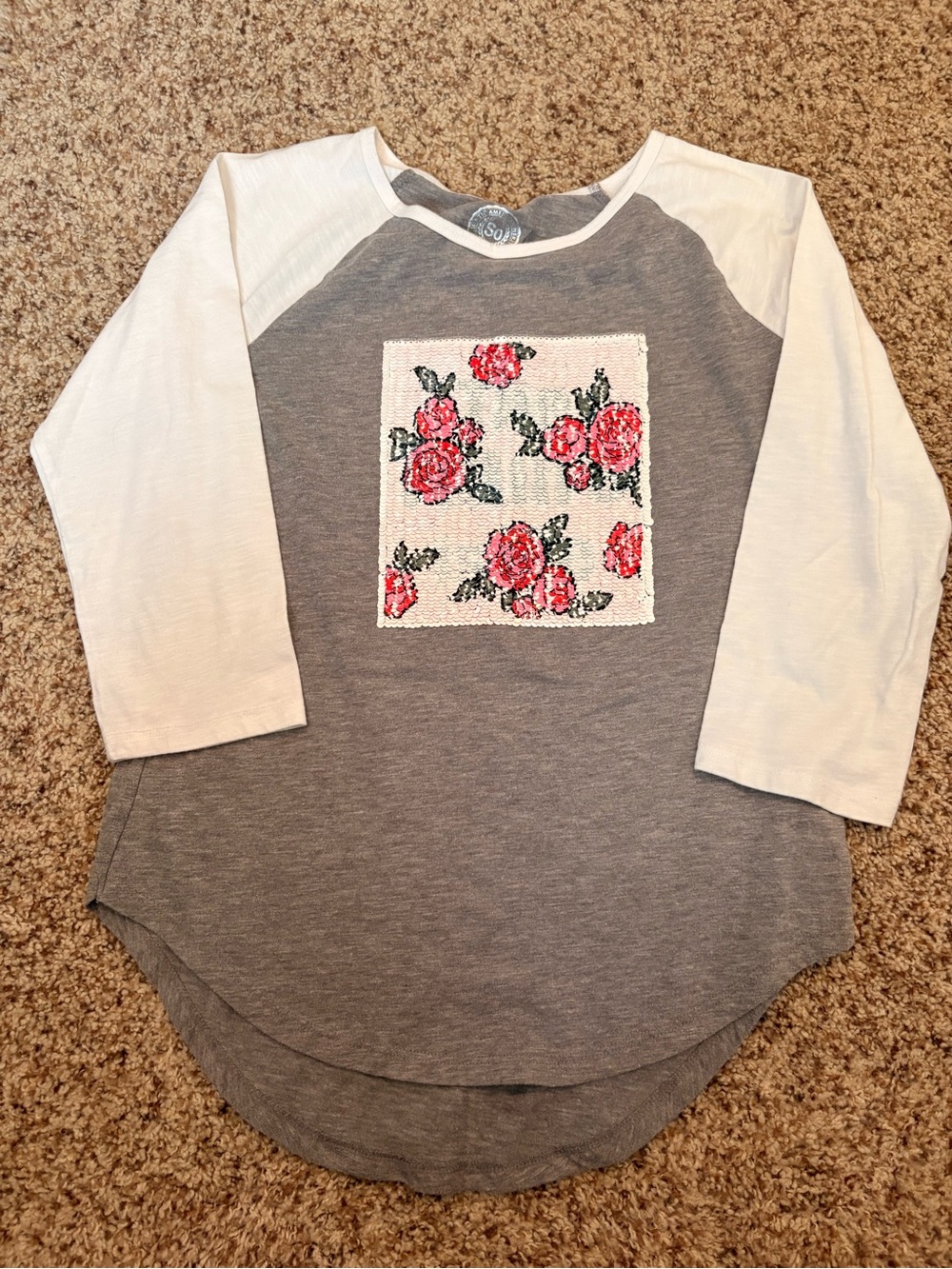 Mix & Match 3/$12 SO Gray & White Raglan Top with Pink Floral Sequin Patch